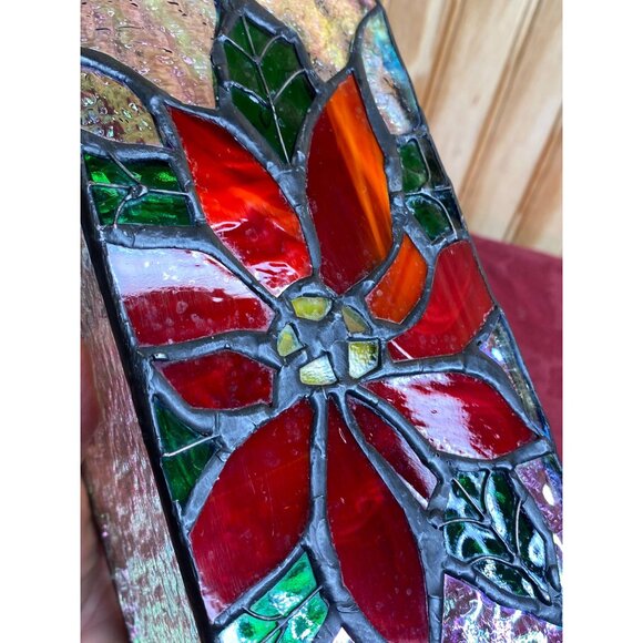 Stained Glass Poinsettia Candle Cover Votive Handcrafted 8" x 3.75" x 3.5" - Picture 12 of 13